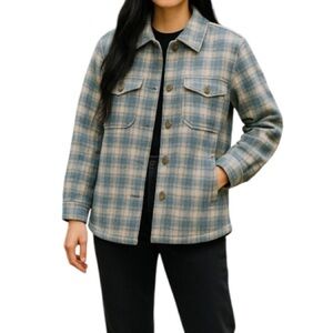 AMERICAN EAGLE Plaid Shacket Jacket Powder Blue Grey White Button Up Pockets M